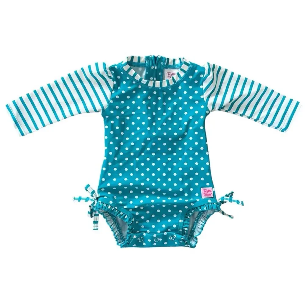 Ruffle Butts Aqua Polka Dot Long Sleeve Rash Guard Size 3-6 M